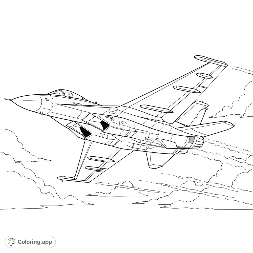 A powerful fighter jet soaring through the sky, showcasing its sleek design and speed. This fighter jet coloring page is perfect for aviation enthusiasts.