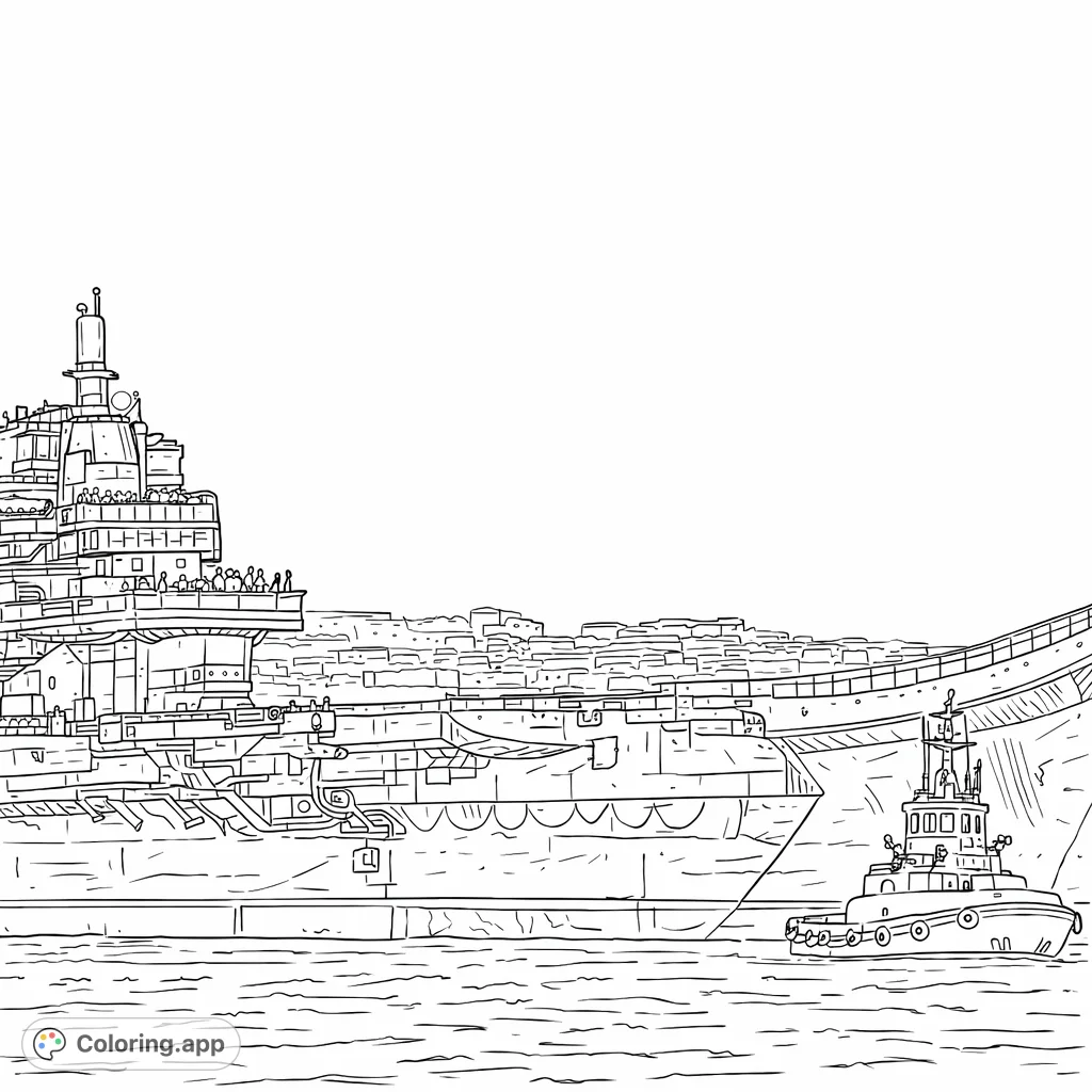 Color a colossal naval vessel alongside a diligent tugboat in a bustling harbor scene, with a city skyline in the background. Perfect for maritime enthusiasts!