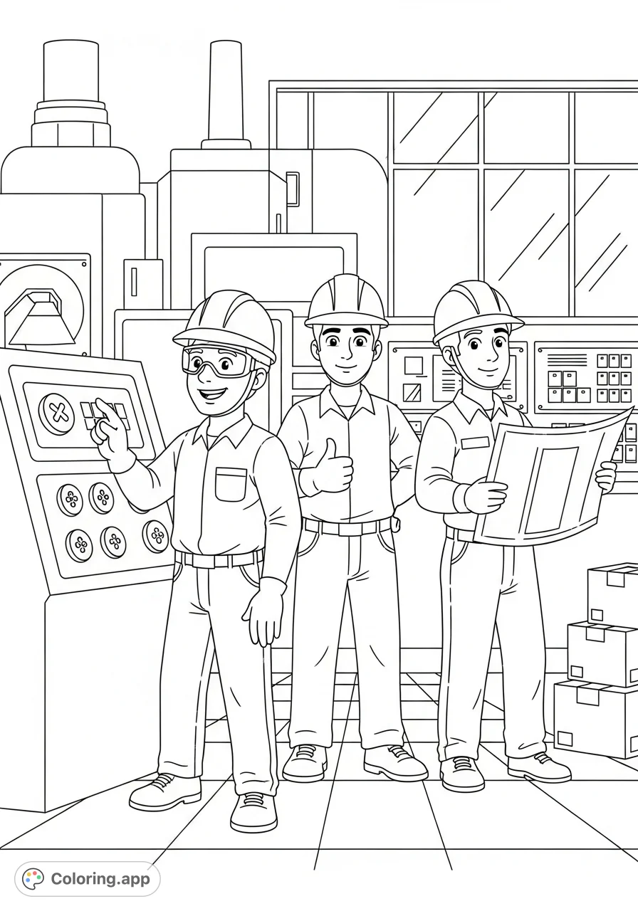 A cheerful factory safety team demonstrates safe work practices, perfect for teaching young children about jobs and workplace safety in a fun, engaging way.