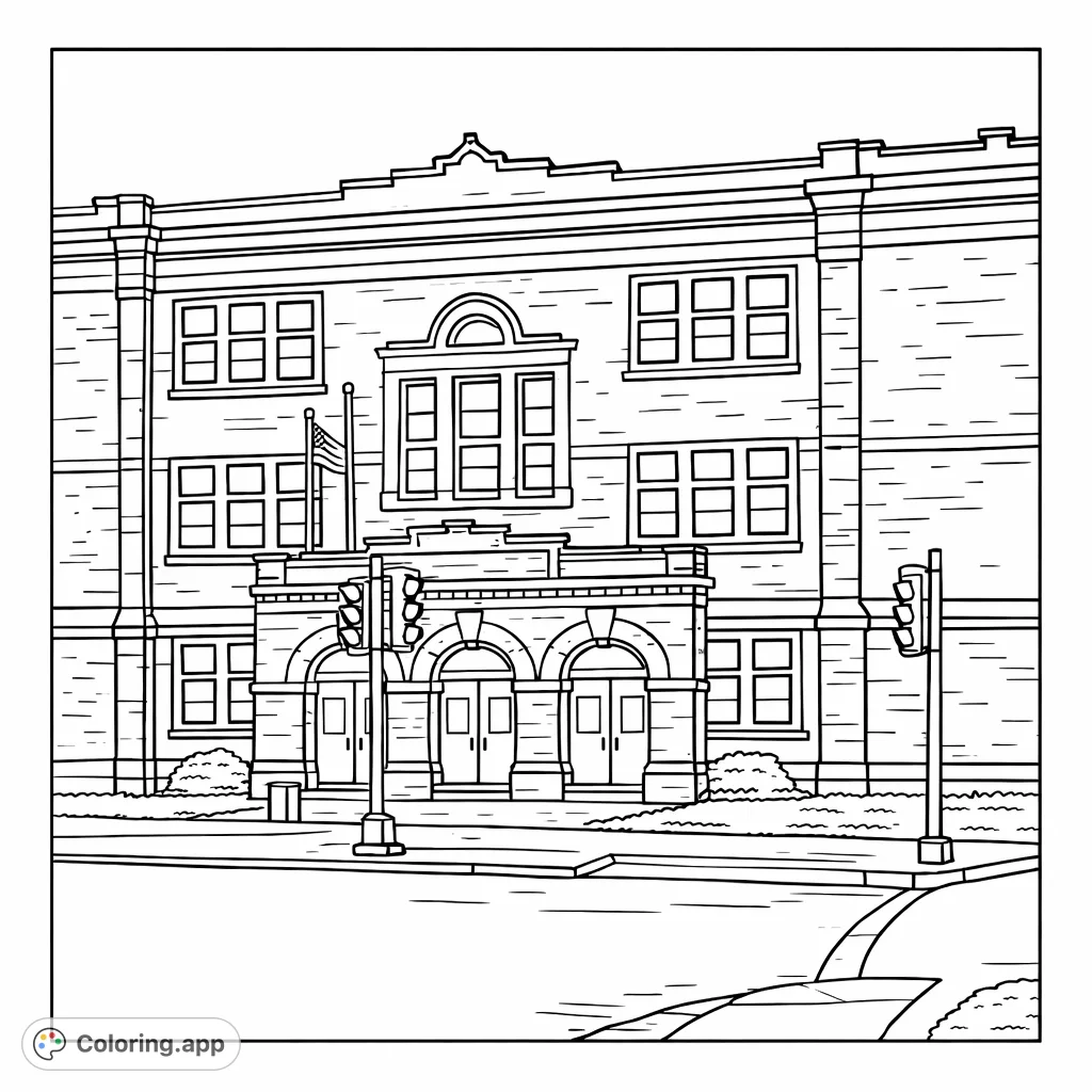 A detailed coloring page showcasing a grand, historic two-story building with intricate brickwork, numerous windows, and decorative architectural elements in an urban setting.