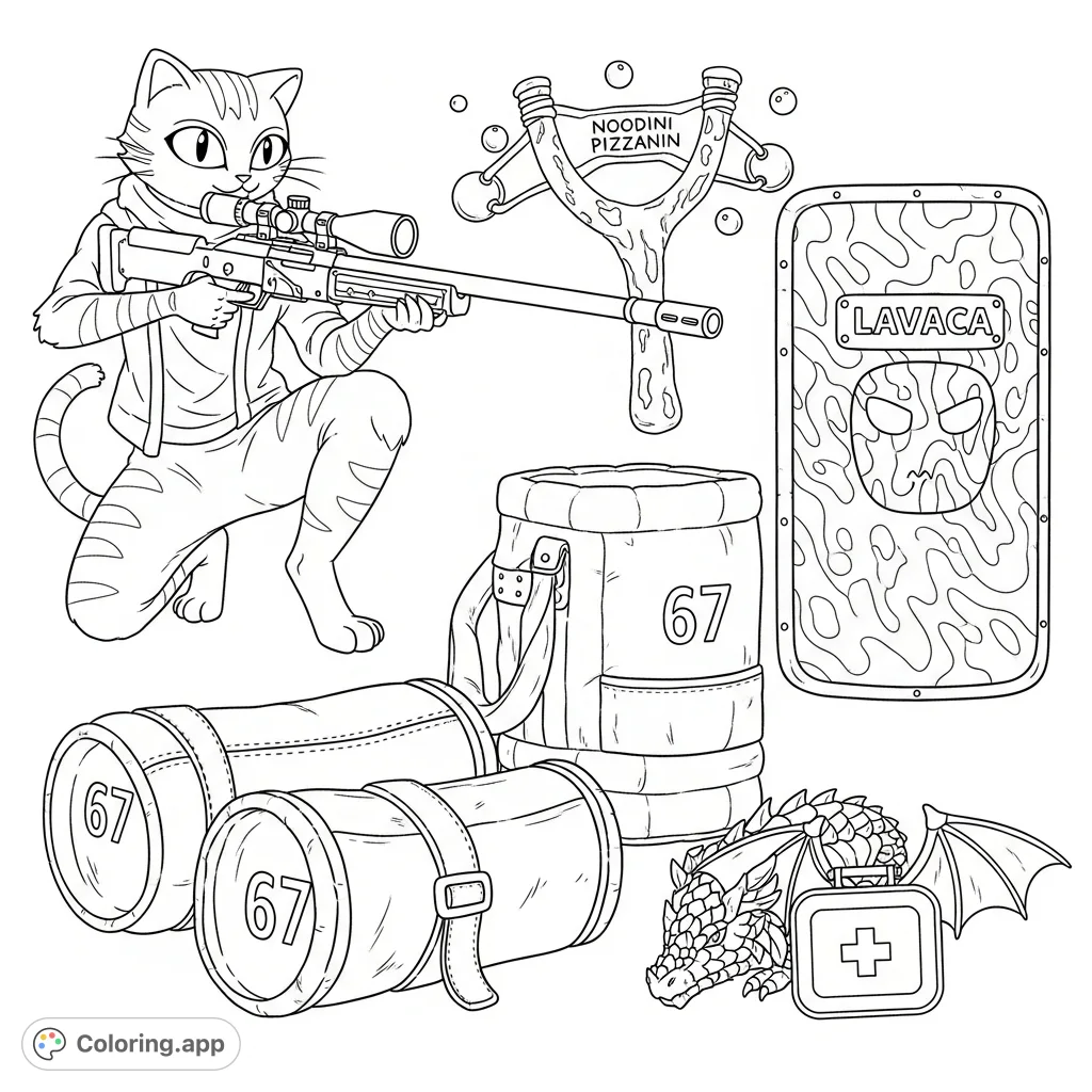 An intricate Steal a Brainrot coloring page featuring Meow, equipped with unique gear: Noodini Pizzanin slingshot, Lavaca shield, '67' baggers, and a dragon medkit.