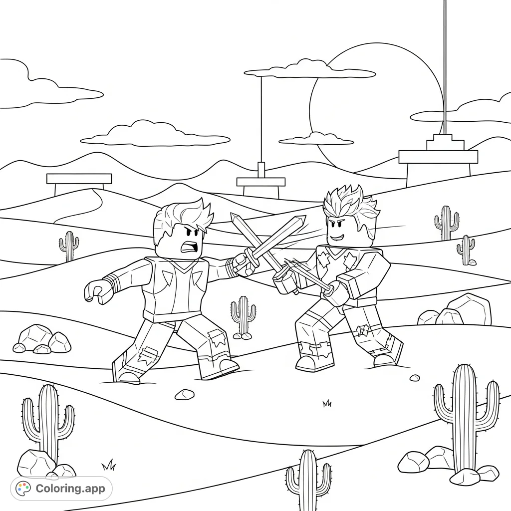 Epic Roblox fighting coloring page! Two rival characters clash in a dynamic desert scene, perfect for fans of action-packed online adventures and free printable coloring pages.