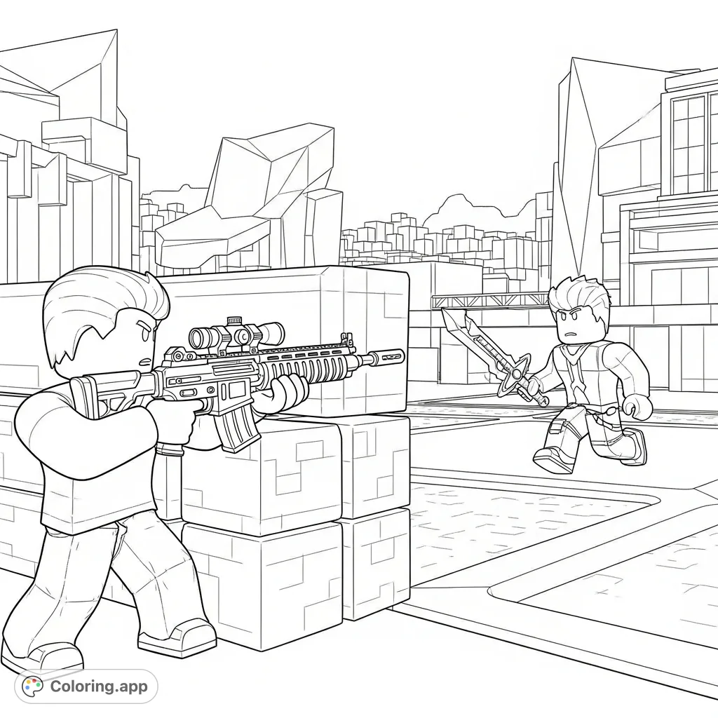 An action-packed Roblox shooting game coloring page featuring rival avatars in a blocky arena. Customize your heroes and battlefield!