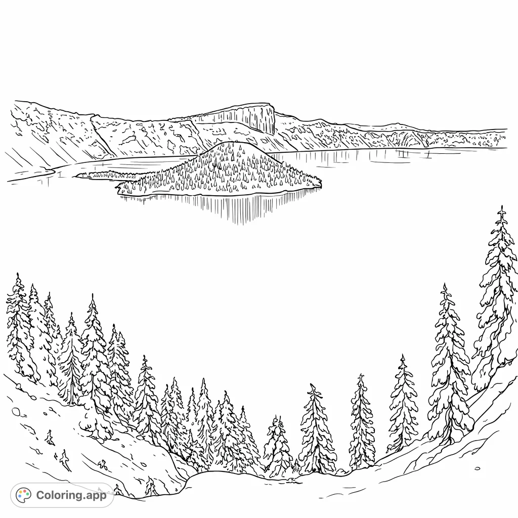 Discover a stunning winter landscape featuring a serene lake, a distinctive island, and majestic snow-covered mountains, ready for your artistic touch.