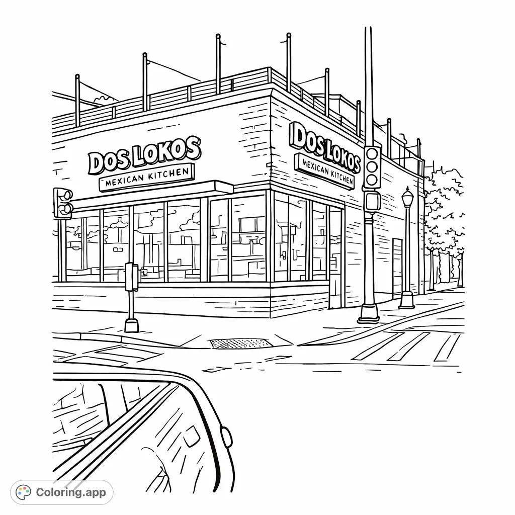 Explore an engaging urban street corner featuring a brick building with large windows and a rooftop patio. Perfect for city-themed coloring.