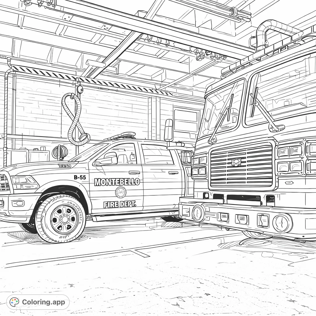 Color a dynamic scene featuring a powerful fire engine and a detailed utility truck inside a fire station, perfect for vehicle enthusiasts and aspiring heroes.