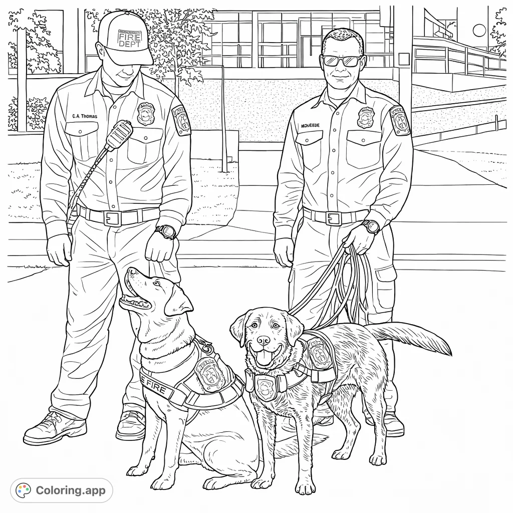 Two dedicated firefighters stand with their loyal search and rescue dogs, ready for duty. A heartwarming scene celebrating community service and K9 partnerships.