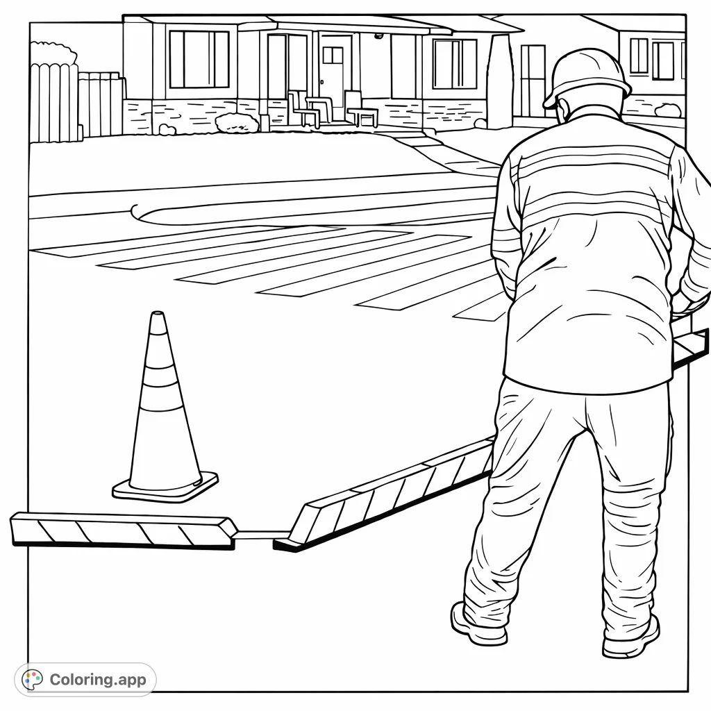 A detailed coloring page depicting a worker adjusting road barriers near a crosswalk, with residential houses in the background.