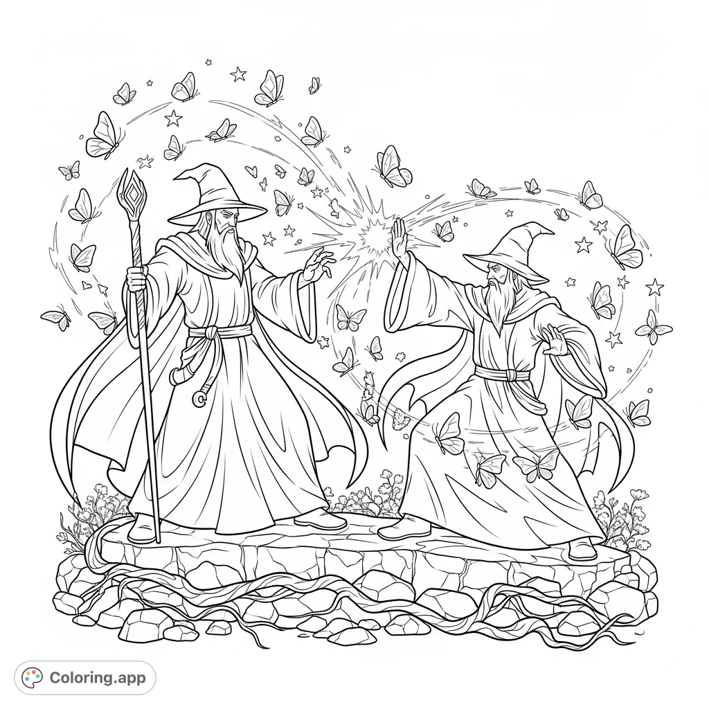 Experience an enchanting scene where two wizards clash in a magical duel, encircled by a graceful dance of butterflies. A fantasy coloring page for all ages.