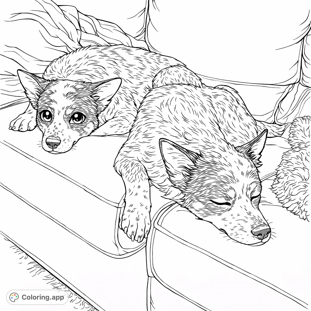 Snuggle up with this adorable anime-inspired coloring page featuring two dogs peacefully napping on a cozy sofa. Perfect for relaxation and creative expression!