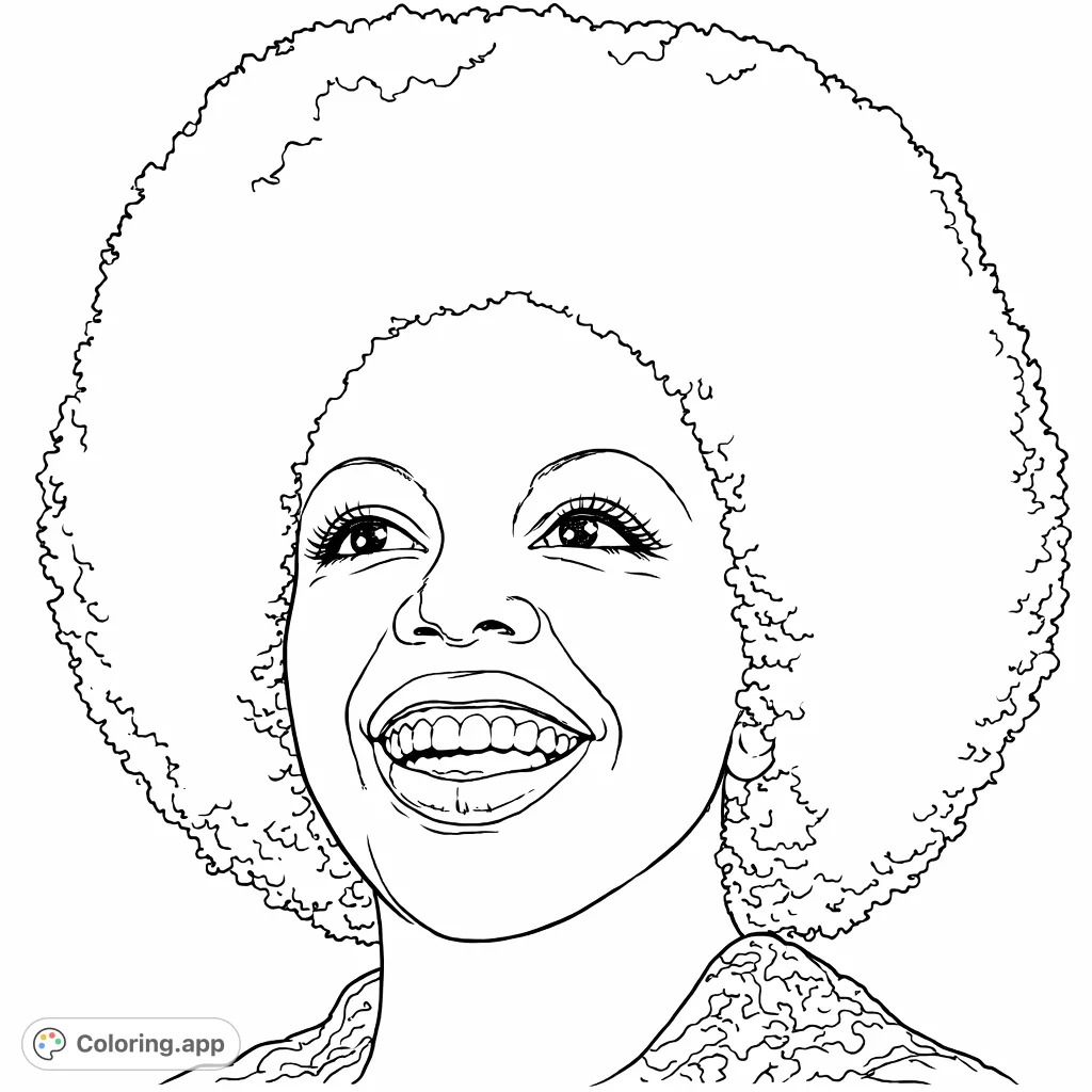 A captivating portrait of a smiling woman with a magnificent afro. Features expressive details and a patterned garment for a delightful coloring experience.
