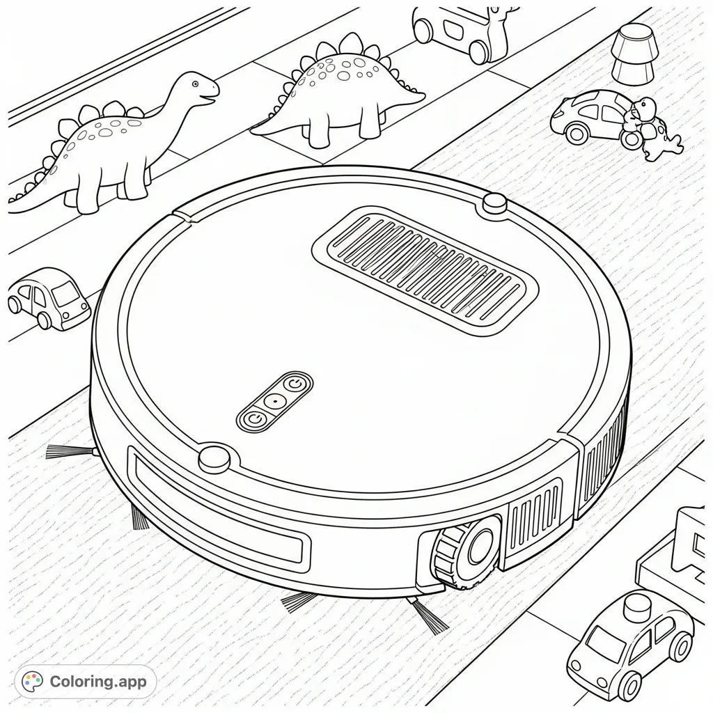 Color a busy Roomba navigating a room filled with playful toddler toys like dinosaurs and cars on a textured floor. A fun, engaging scene!