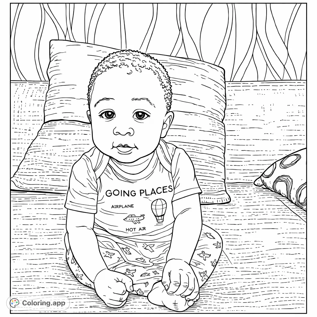 A sweet baby sits, ready for adventure in a "Going Places" outfit with airplanes and hot air balloons. A delightful baby coloring page for young explorers.