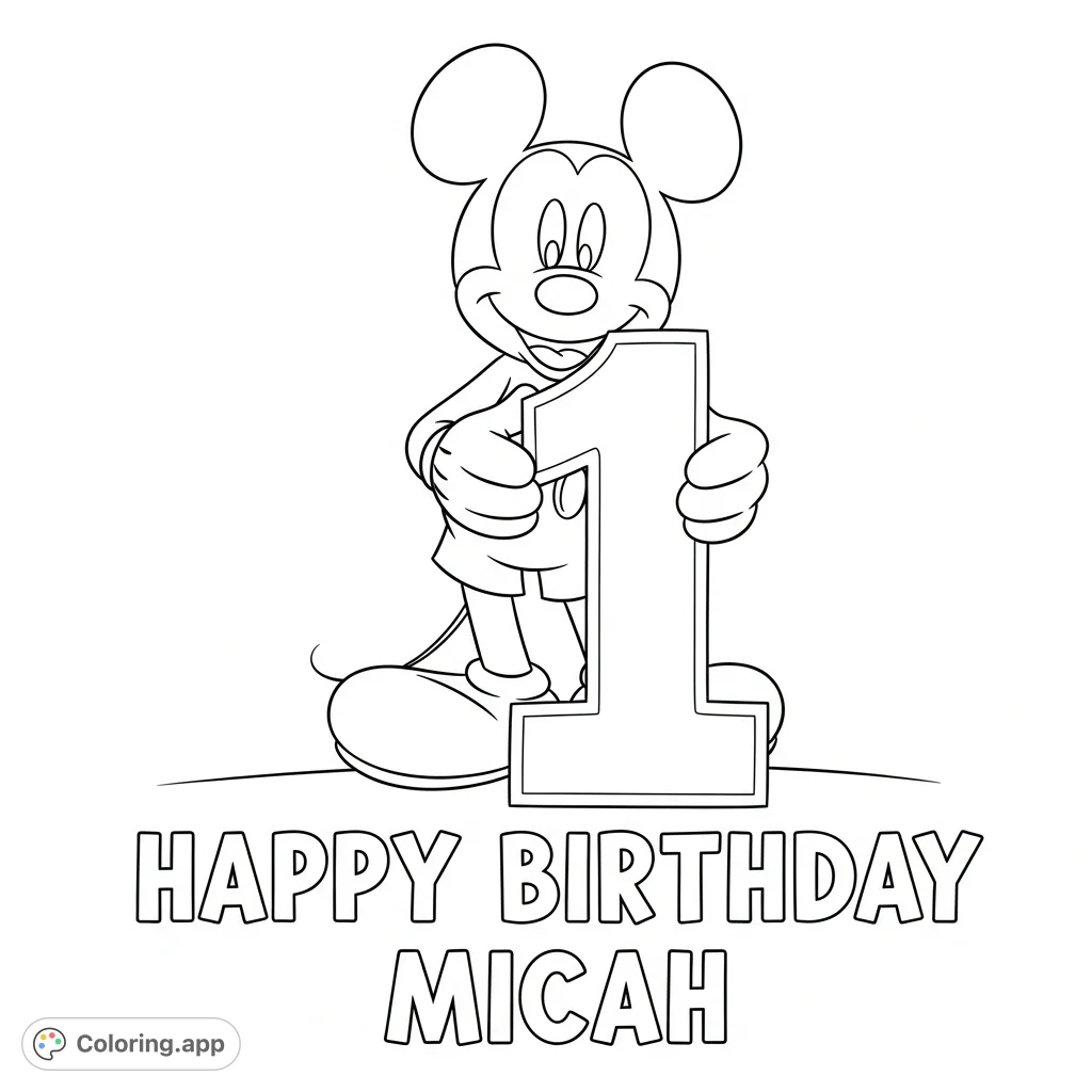 A cheerful Mickey Mouse holds a giant number 1, celebrating Micah's special day! Perfect for young fans to color and personalize.