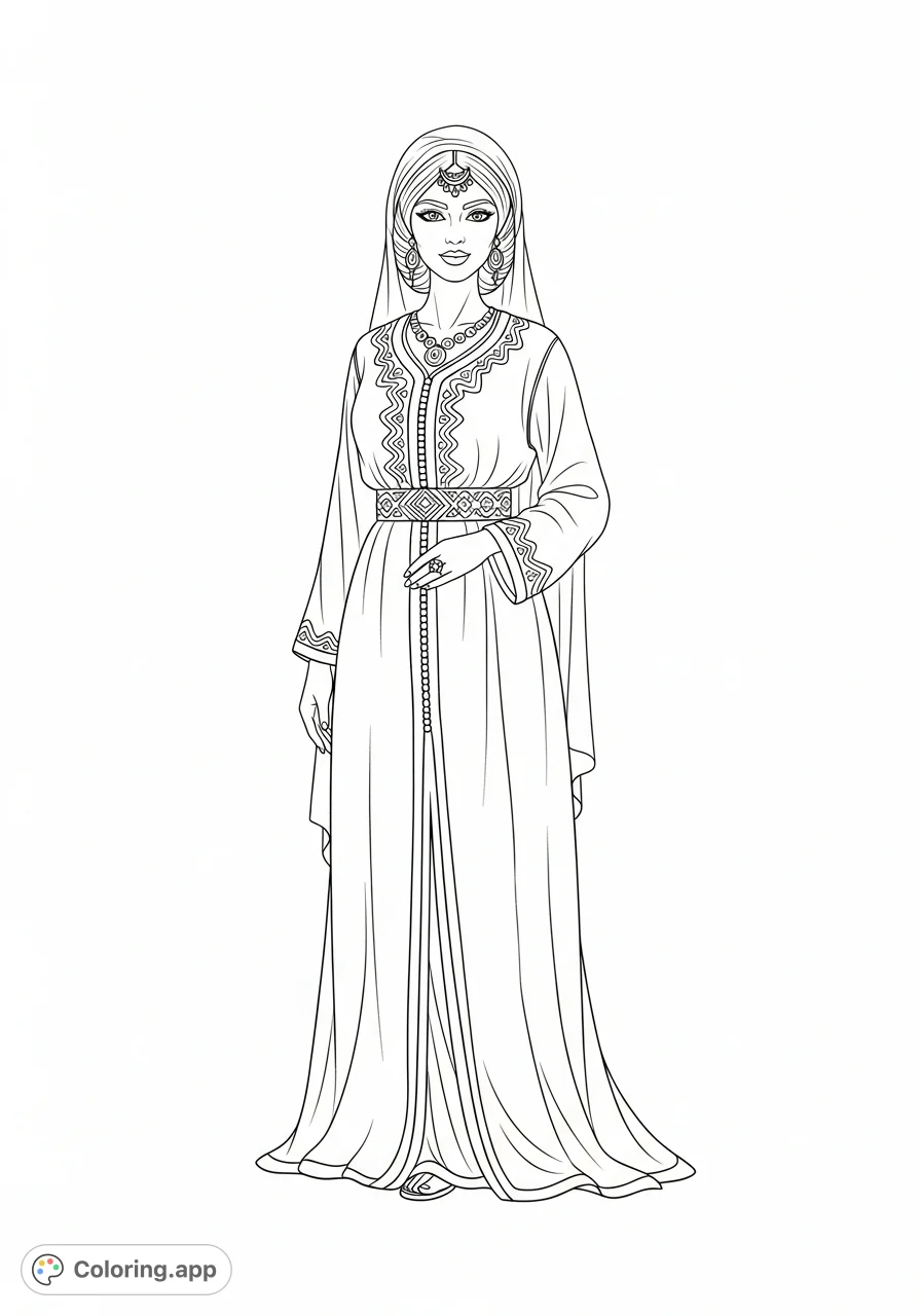 Experience the elegance of Moroccan culture with this free printable Moroccan woman coloring page. A graceful figure in a traditional caftan awaits your creative touch.