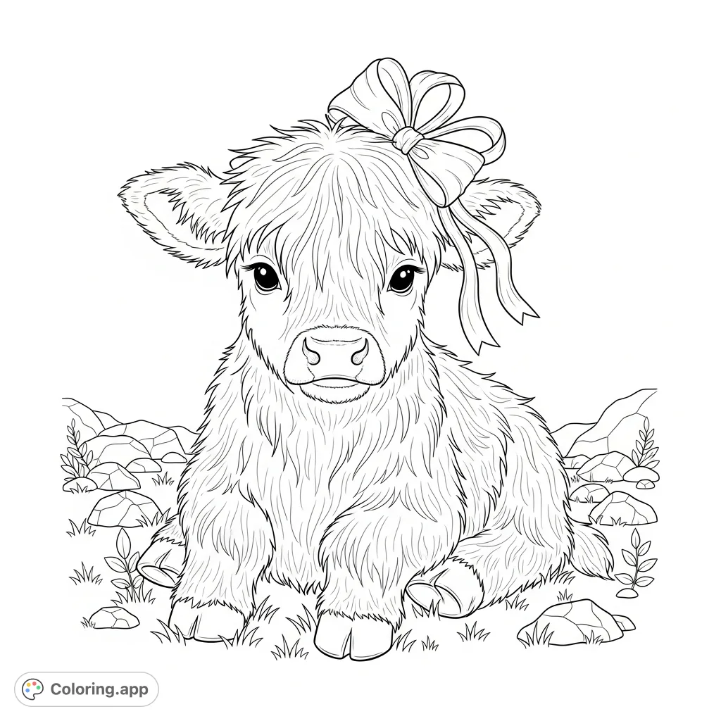 A heartwarming baby Highland cow coloring page. Featuring a shaggy calf with a charming bow, ready for your creative touch.