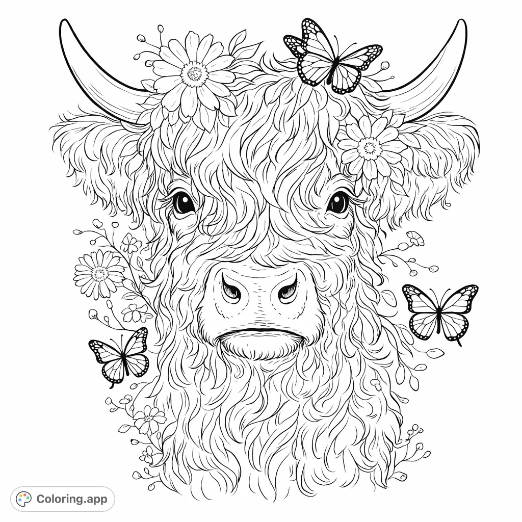 Color a charming Highland calf adorned with blossoms and surrounded by fluttering butterflies. A delightful nature scene for creative expression.
