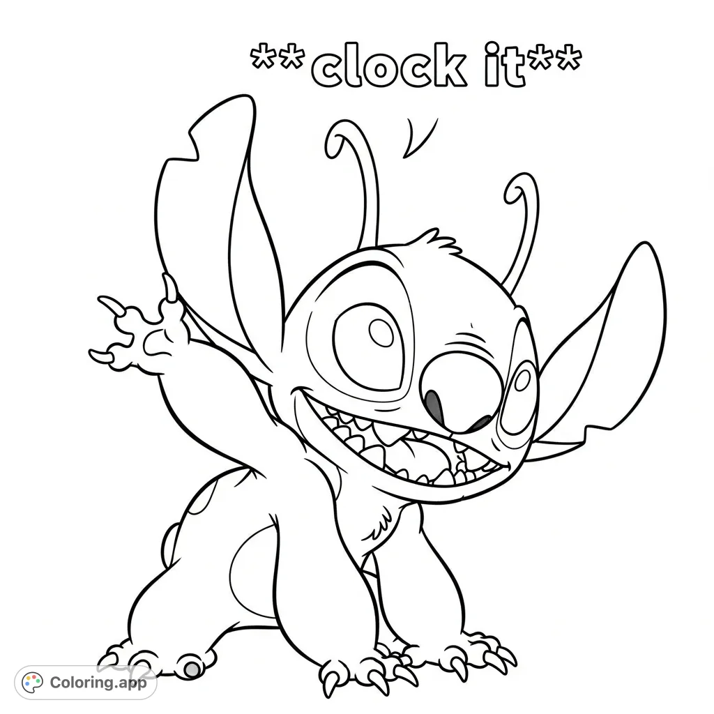 An exciting Stitch coloring page featuring the mischievous alien in a dynamic pose, emphasizing his playful nature with the p...