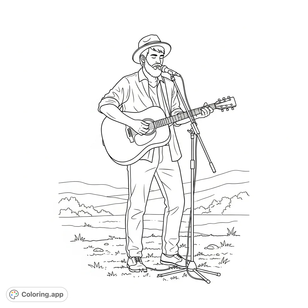 Capture Zach Bryan performing live with his acoustic guitar in a rustic outdoor setting, perfect for fans to color and personalize.
