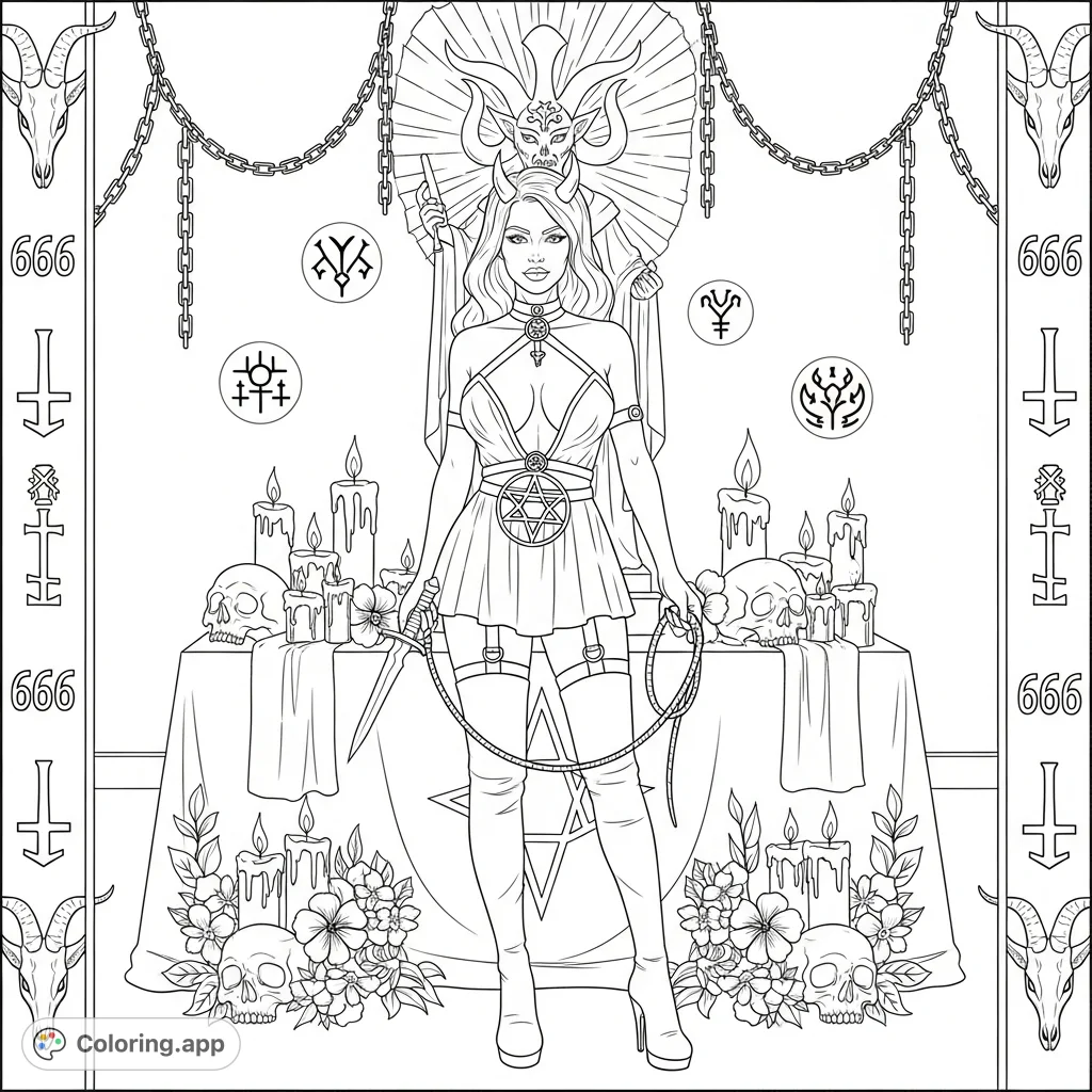 An intense she-devil priestess at a ritual altar, surrounded by occult symbols, skulls, and chains. An intricate adult coloring page.