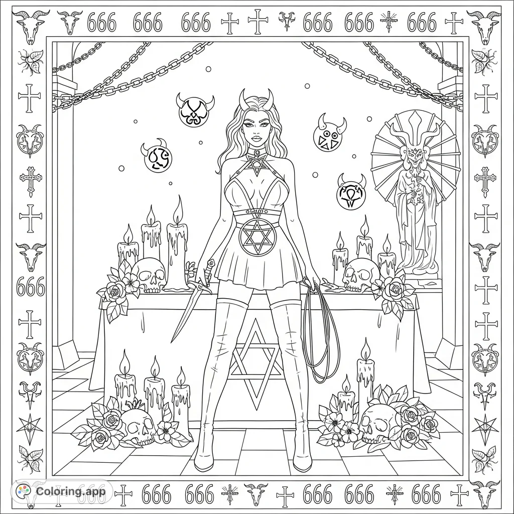 A detailed dark fantasy scene features a she-devil priestess at an altar, surrounded by occult symbols, chains, and a Baphomet statue. Intricate border elements complete this intense coloring page.