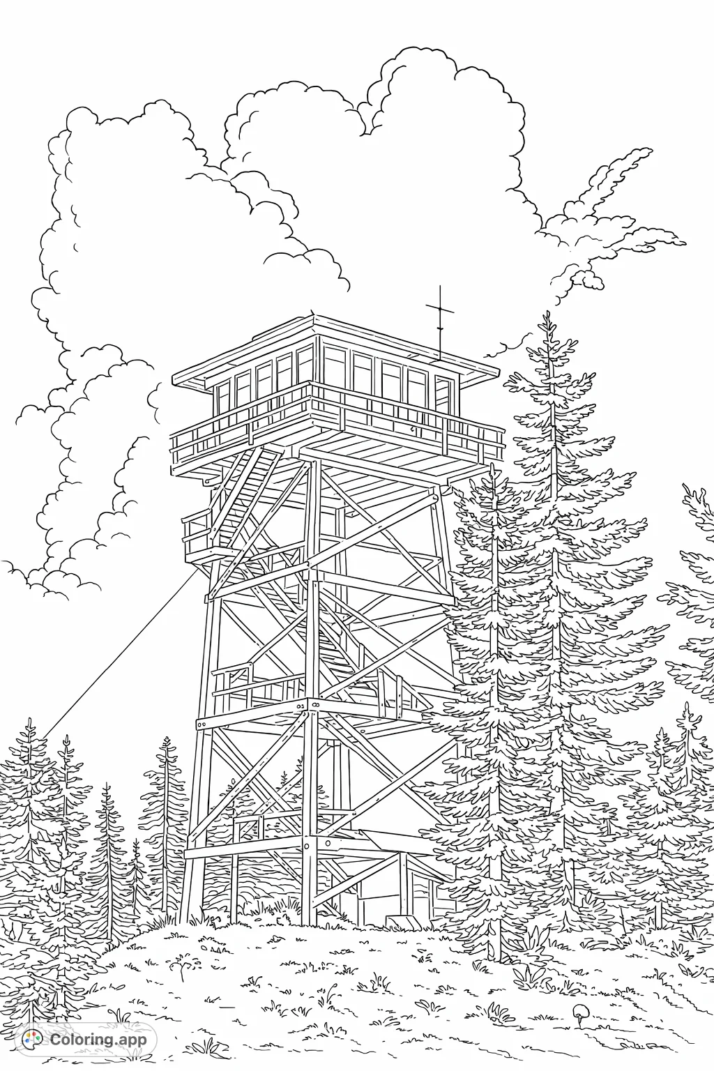 Explore a detailed fire lookout tower atop a forested hill, featuring intricate architectural lines and natural elements like trees and clouds. Perfect for mindful coloring.