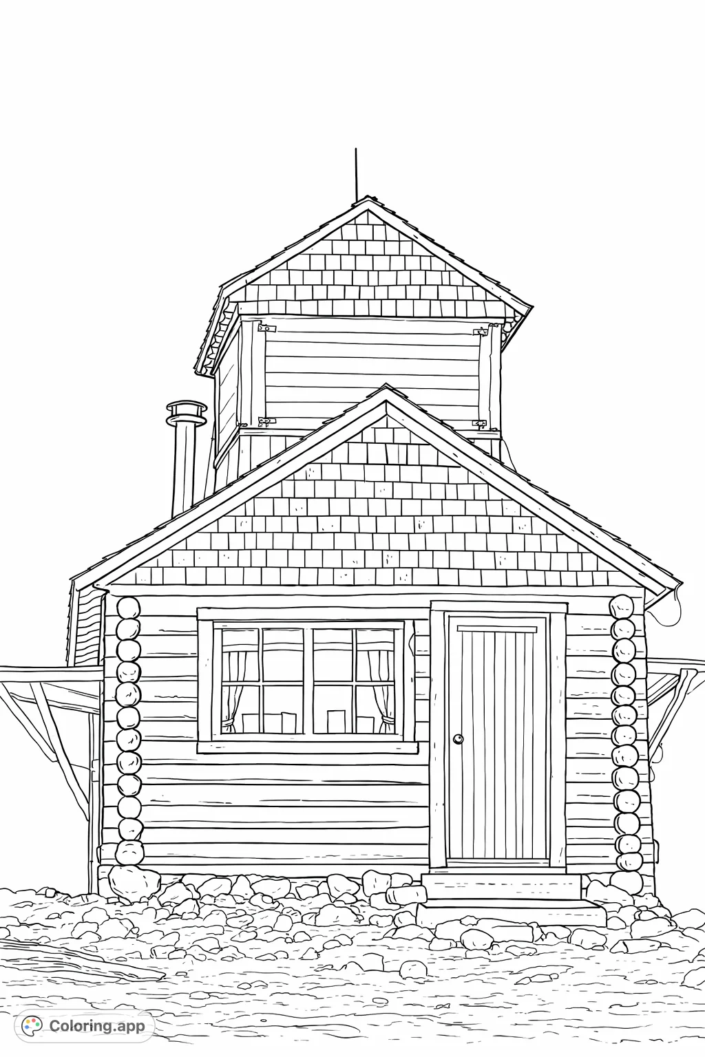 Discover a charming multi-level lookout cabin perched on a rocky hill. Features intricate shingle roofs, log walls, and a detailed window, perfect for nature enthusiasts.