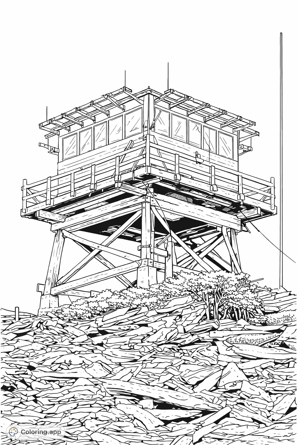 Explore a rustic fire lookout tower atop a rocky mountain. This detailed scene offers an adventurous coloring experience with its sturdy structure and rugged landscape.