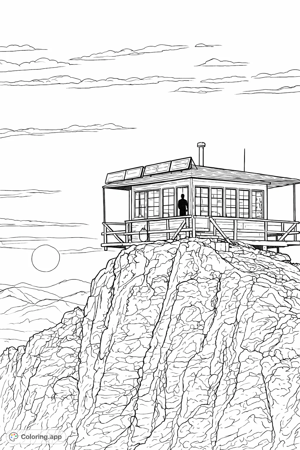 Discover a majestic fire lookout perched on a rugged mountain peak, with a grand sky and distant ranges, perfect for a serene coloring experience.