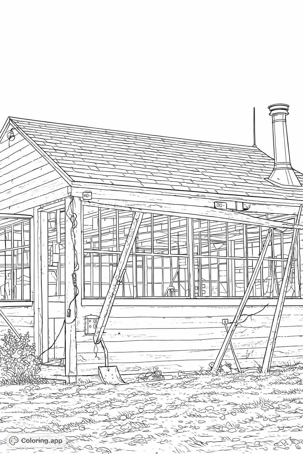 Explore this detailed rustic cabin, featuring weathered wood panels, multi-paned windows, and a prominent chimney against an open sky. Perfect for nature lovers!