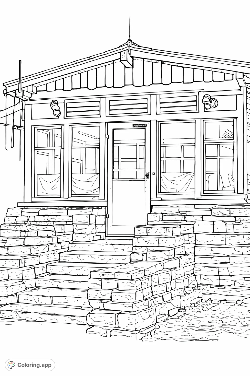 Explore a detailed rustic mountain lookout cabin with intricate stone steps and architectural features. A challenging and rewarding building coloring page.