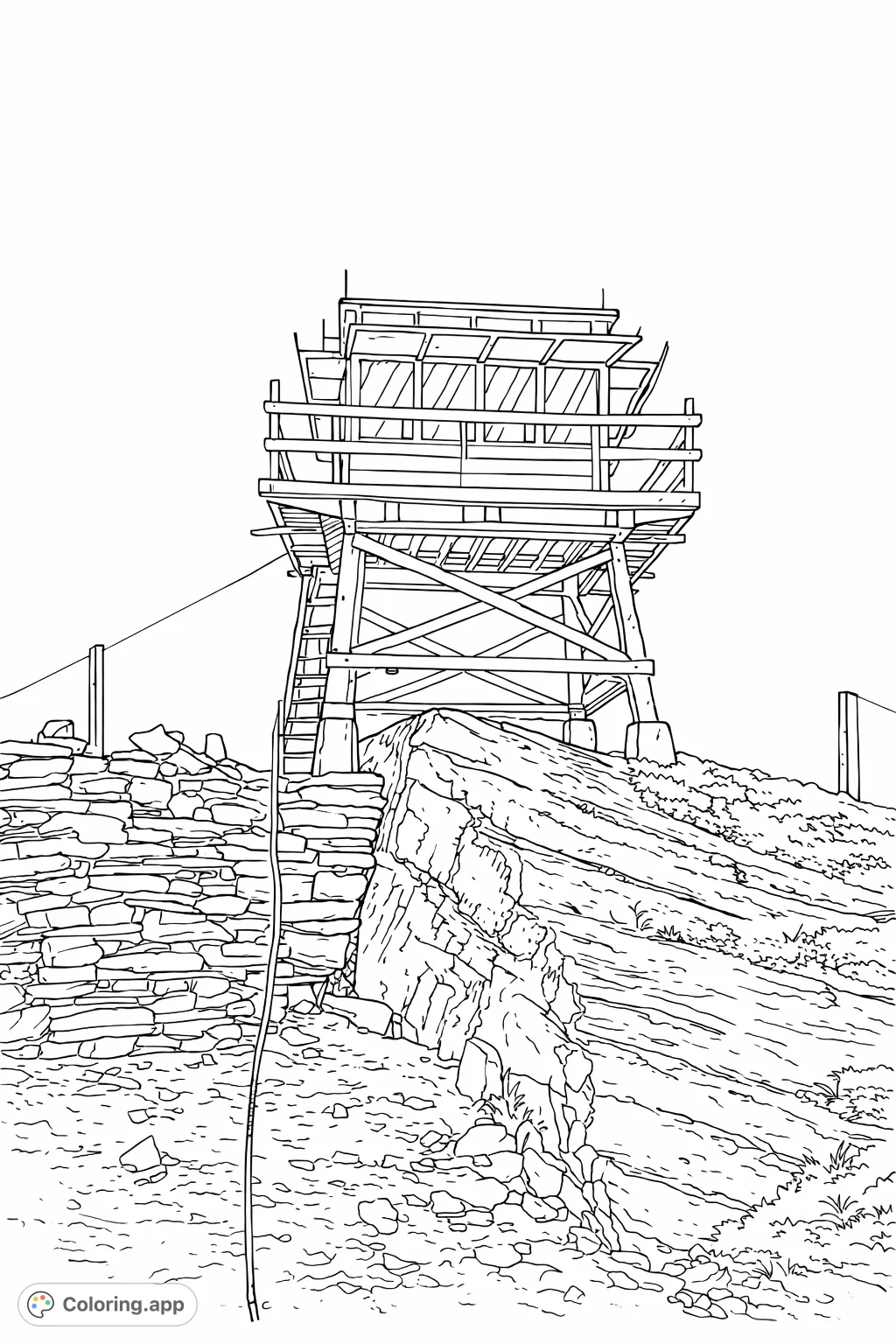 A majestic lookout tower stands atop a rugged mountain peak, surrounded by unique rock formations and open sky. A challenging outdoor scene for all ages.