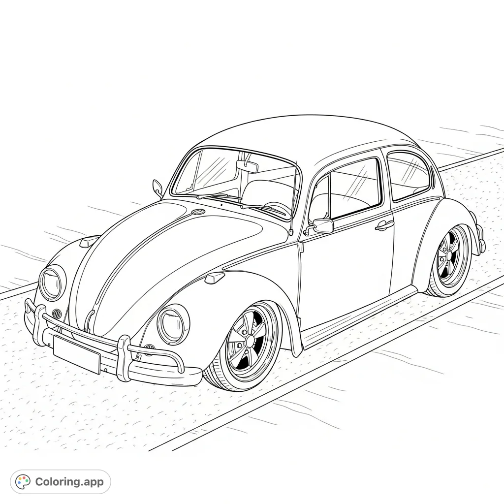 Color a classic Volkswagen Beetle from a top-rear view, featuring custom wheels, lowered suspension, and a textured road background.