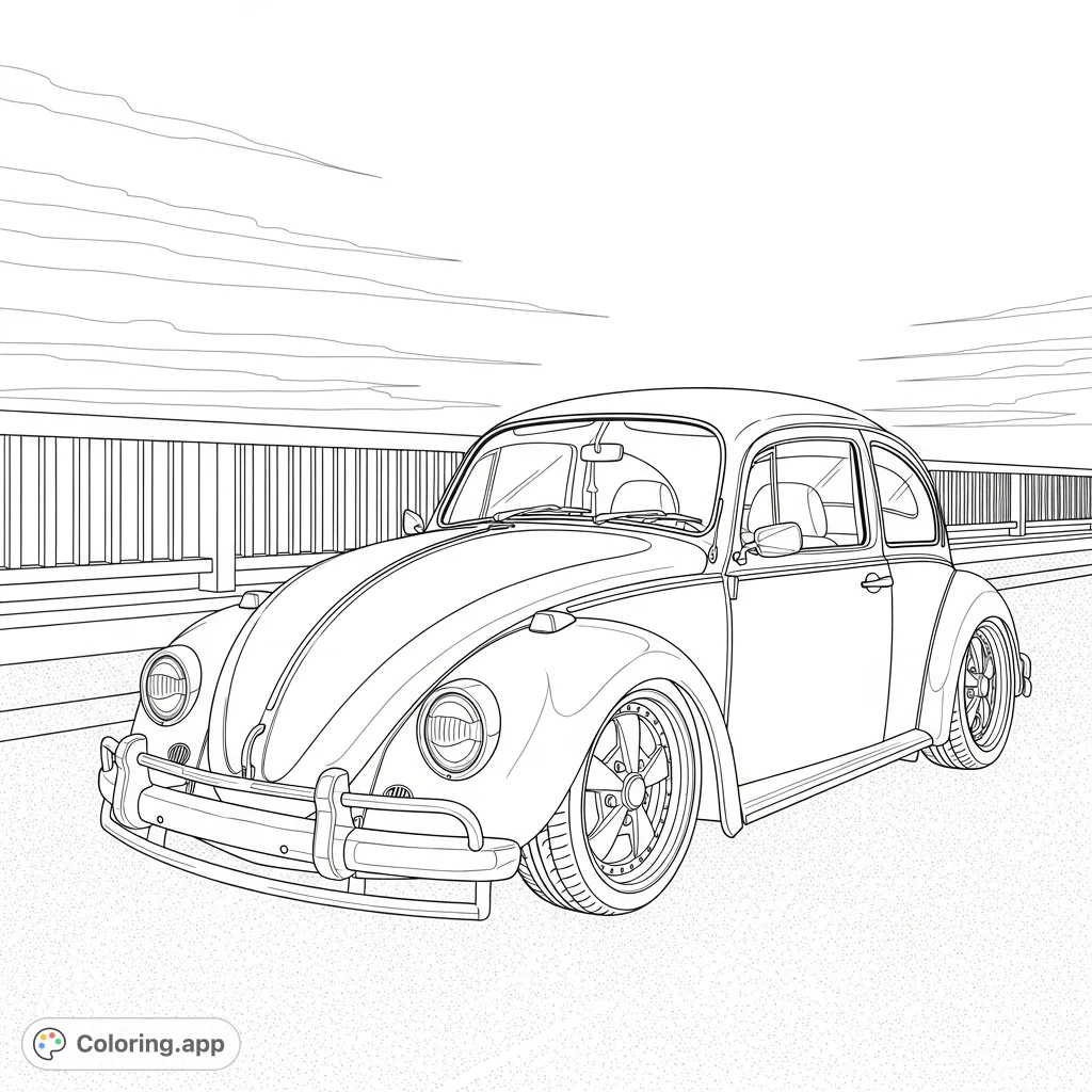 Color a classic Volkswagen Beetle with custom wheels and a lowered stance, set against a bridge railing and open sky. A nostalgic vehicle coloring page.