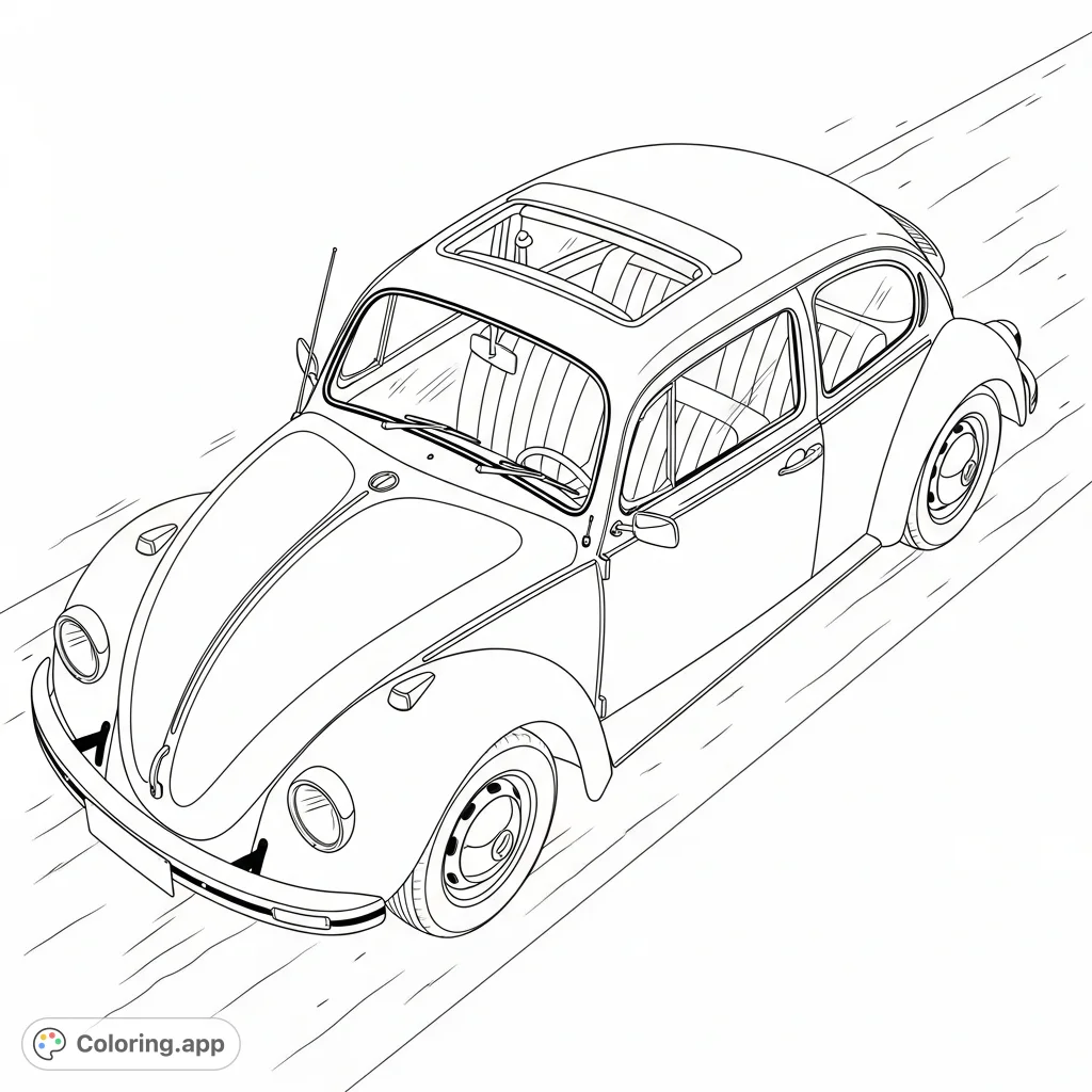 Color a detailed, free printable Volkswagen Beetle coloring page from an aerial view, featuring iconic rounded shapes, headlights, sunroof, and a textured road.