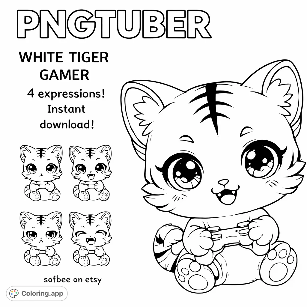 Unleash your creativity with this adorable chibi gamer tiger cub coloring page! Perfect for animal lovers and gaming enthusiasts of all ages.
