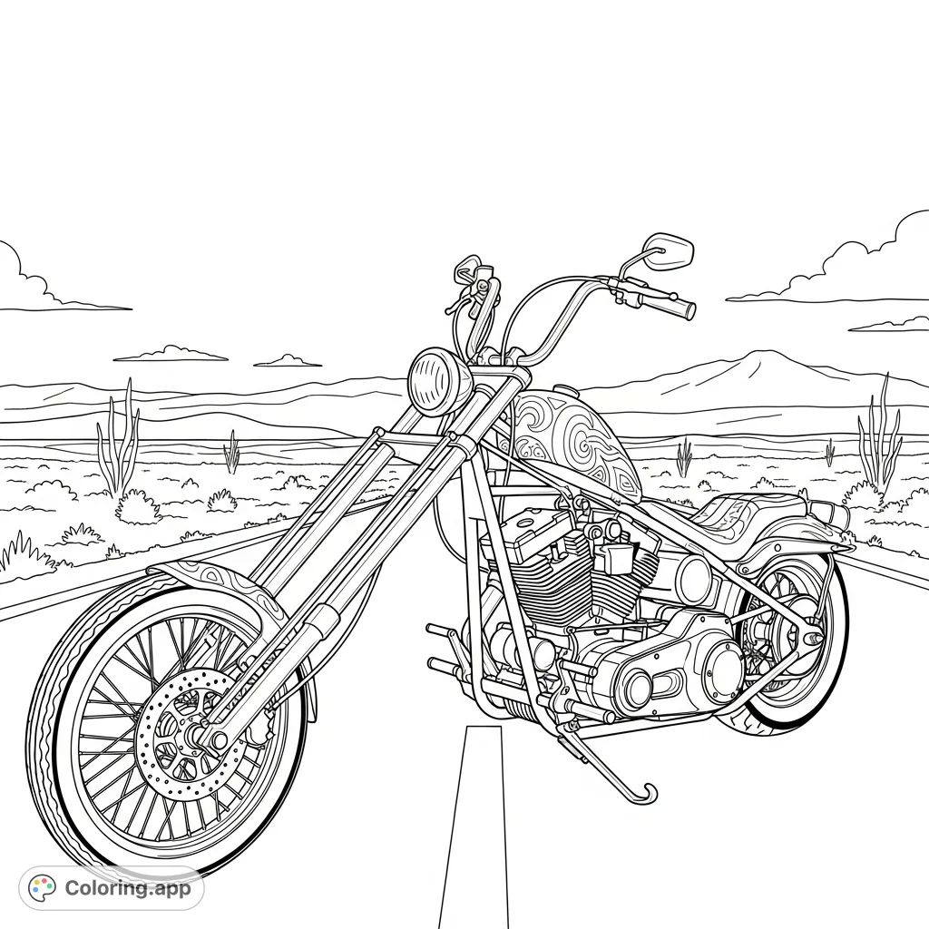 A powerful chopper motorcycle cruises down an open highway on an epic road trip, ready for your creative touch and detailed coloring.