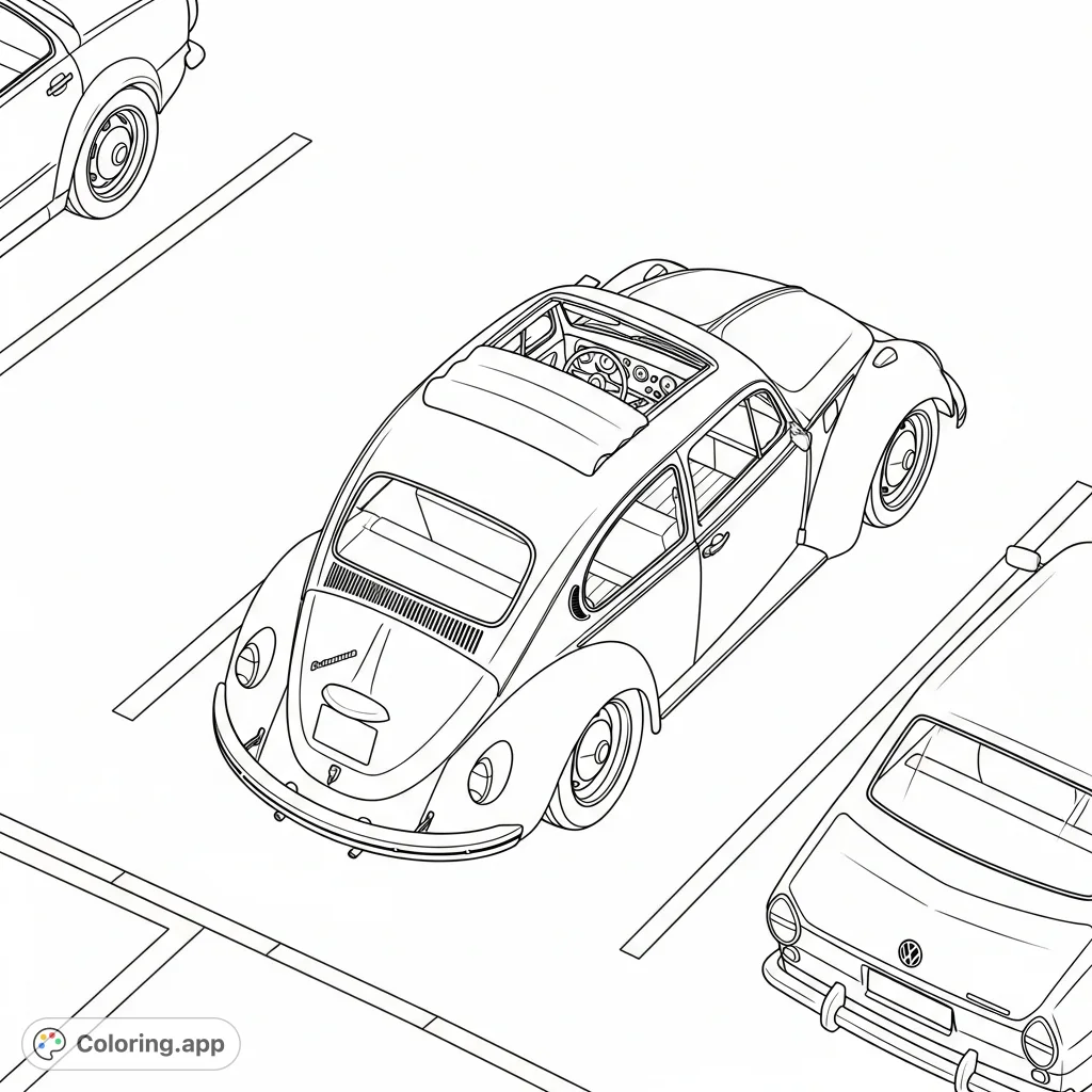 An aerial view of a classic Volkswagen Beetle with custom details like a sunroof, lowered suspension, and wide rear rims. Perfect for car enthusiasts!