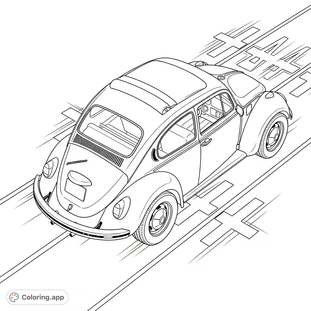Color a classic Volkswagen Beetle from an aerial view, featuring rounded fenders, sunroof, and wider rims on a detailed road intersection. A fun, free printable coloring page.