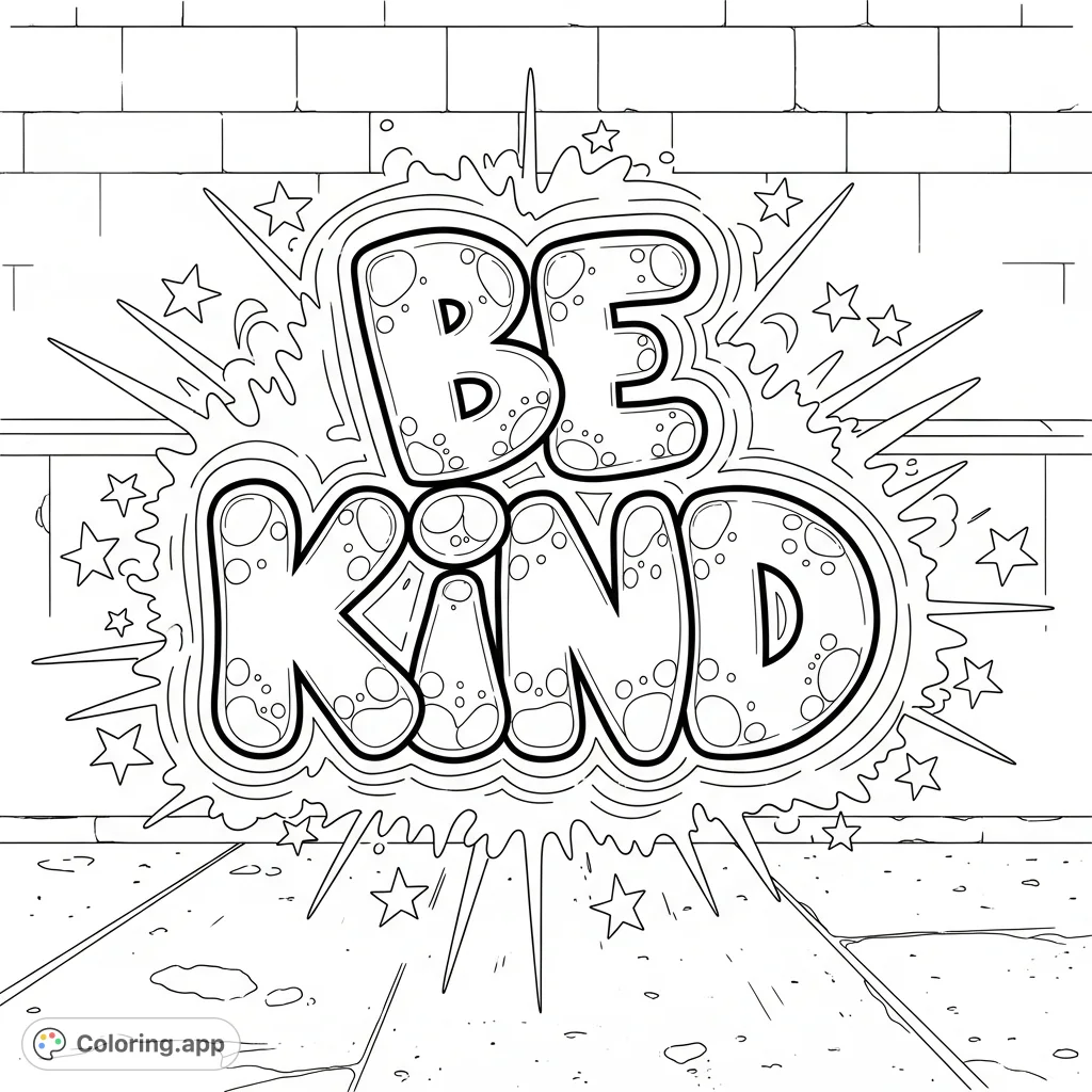 Color 'BE KIND' in dynamic bubble letters, featuring graffiti-style forms, internal patterns, radiating flourishes, and an urban background. A positive message coloring page!