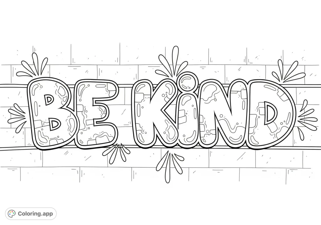 A dynamic 'BE KIND' coloring page in bold graffiti bubble letters with radiating flourishes, set against a textured urban wall backdrop. Promote positivity!