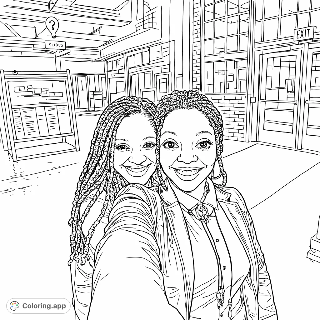Two smiling women capture a moment in an industrial-chic setting. Features textured hairstyles, detailed clothing, and a dynamic urban backdrop, perfect for creative expression.