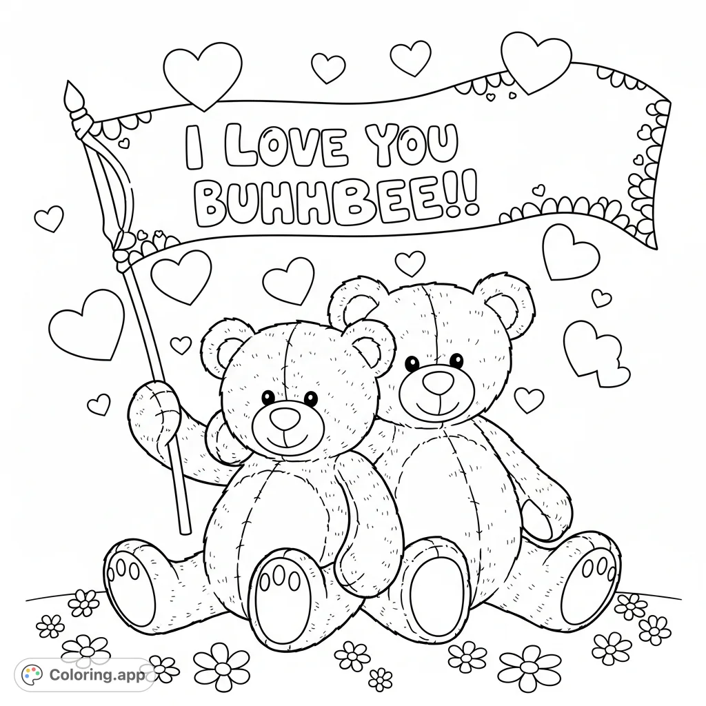 ' surrounded by playful hearts and flowers.