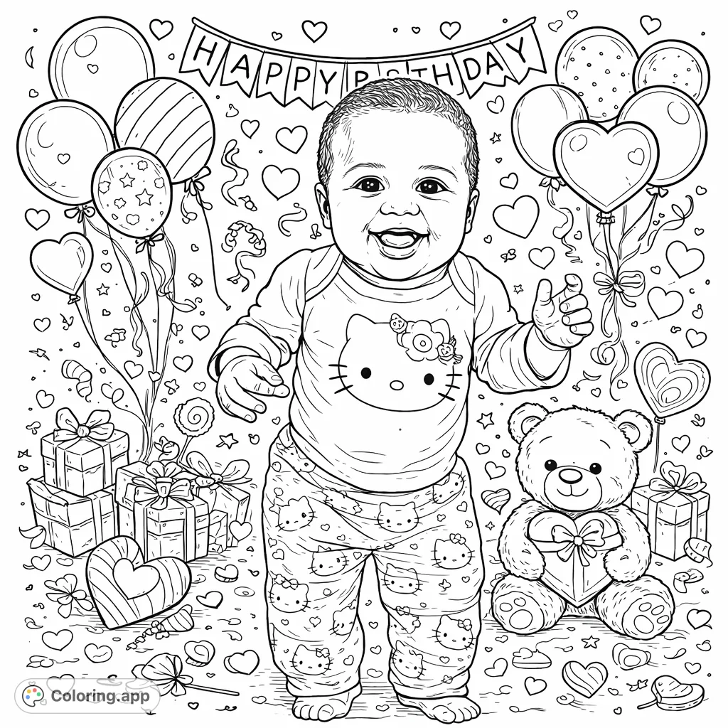 A delightful birthday baby coloring page! This highly detailed scene features a joyful infant with a bear, balloons, and hearts, perfect for festive coloring fun.
