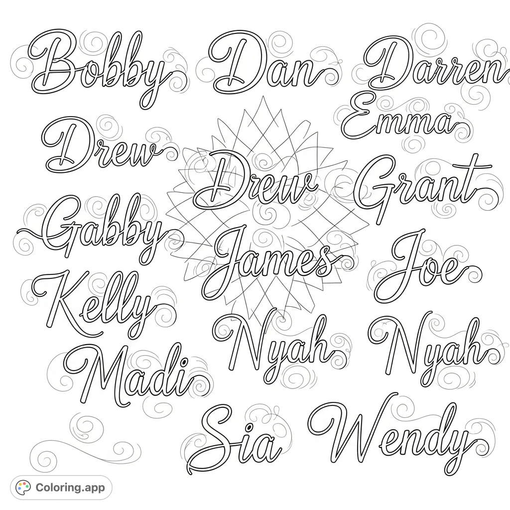 Explore fifteen beautifully crafted names, including Bobby, Emma, and James, presented in an elegant cursive script, perfect for practicing handwriting and creative coloring.