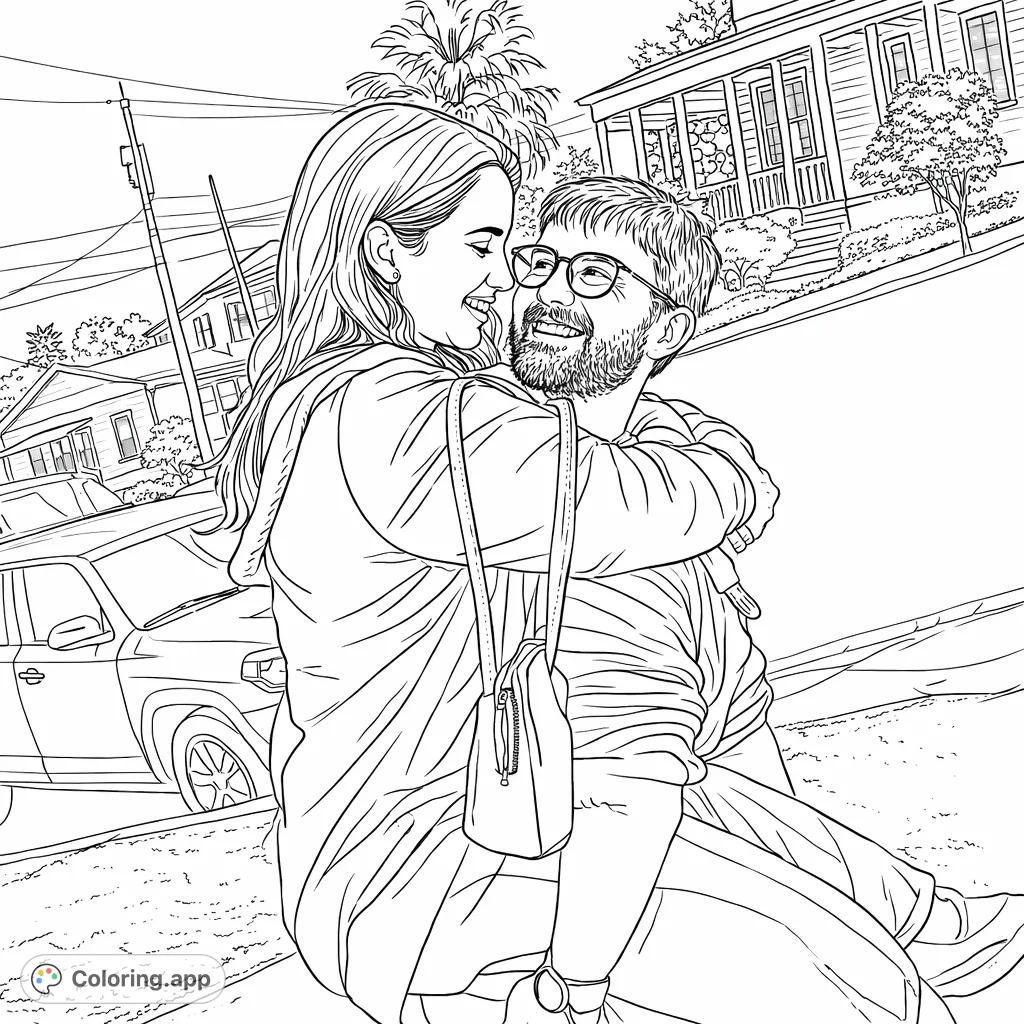 A heartwarming scene of a couple embracing with genuine smiles, set against a charming street backdrop. Capture the joy of connection.