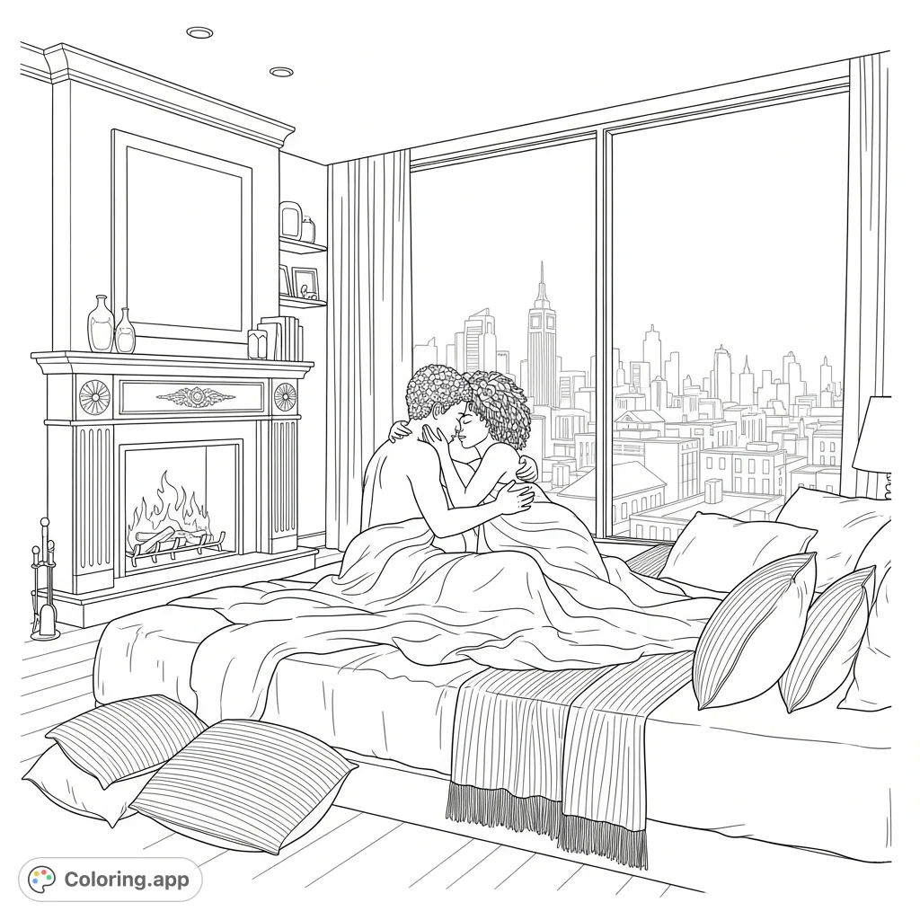 An intimate Black couple shares a romantic moment in a cozy city apartment, warmed by a fireplace and soft city lights. A perfect romantic getaway coloring page.