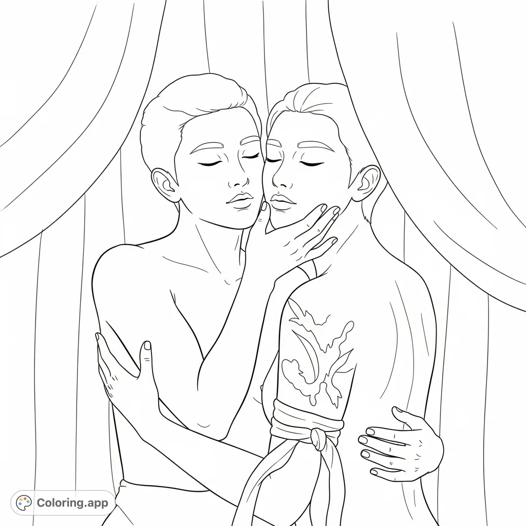 Explore passion and intimacy with this adult Kama sutra coloring page. Two figures share a tender caress in a deeply connected pose.