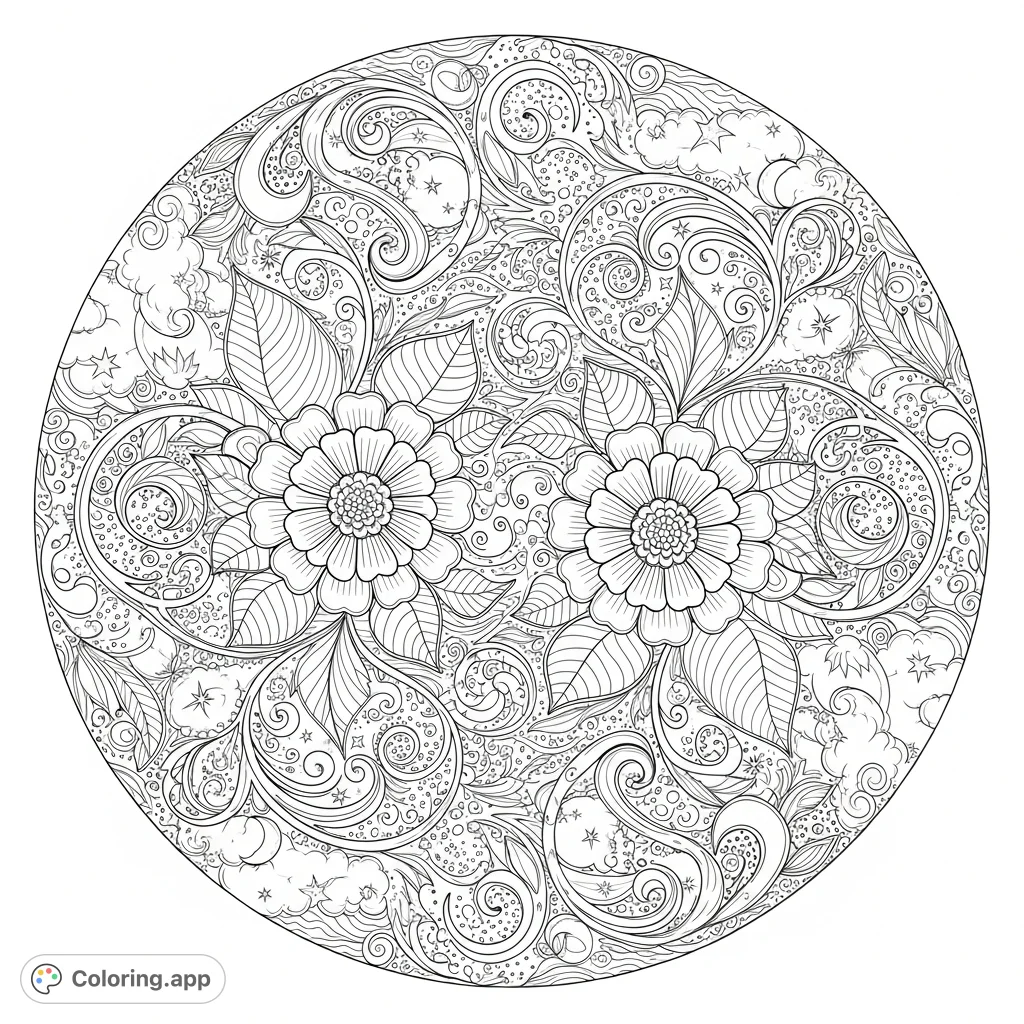 Detailed circular design with two large, multi-layered flowers, ornate leaves, and swirling tendrils, creating a dense botanical pattern with speckled textures.