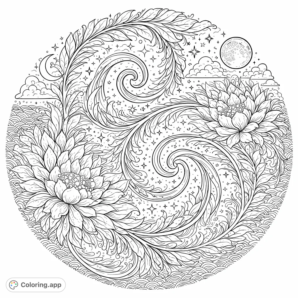 Intricate floral mandala coloring page with surreal patterns, celestial stars, and dreamlike waves. A free printable adult coloring page for relaxation.